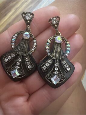Black Crystal Drop Statement Earrings with Aurora Accents